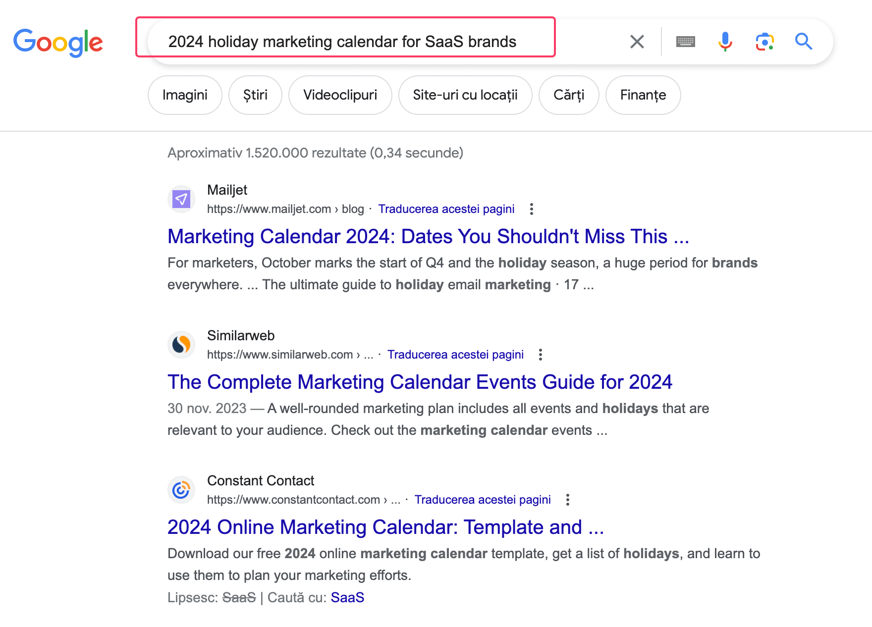 Searching for '2024 holiday marketing calendar for SaaS brands' in Google search box