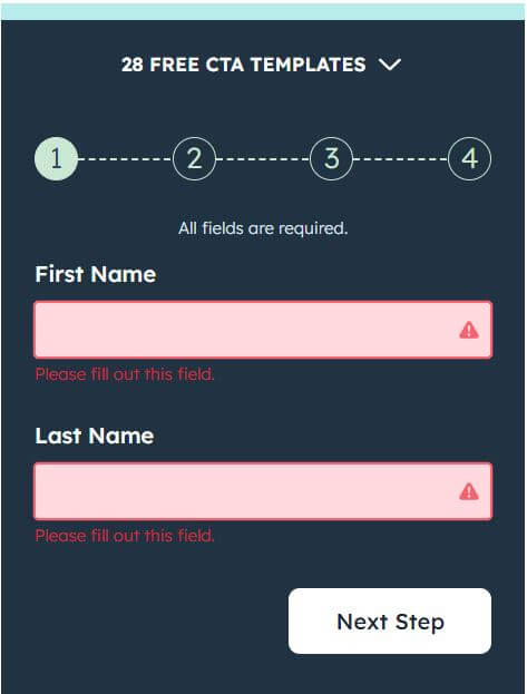 Hubspot's CTA first step, requiring fields with name details 