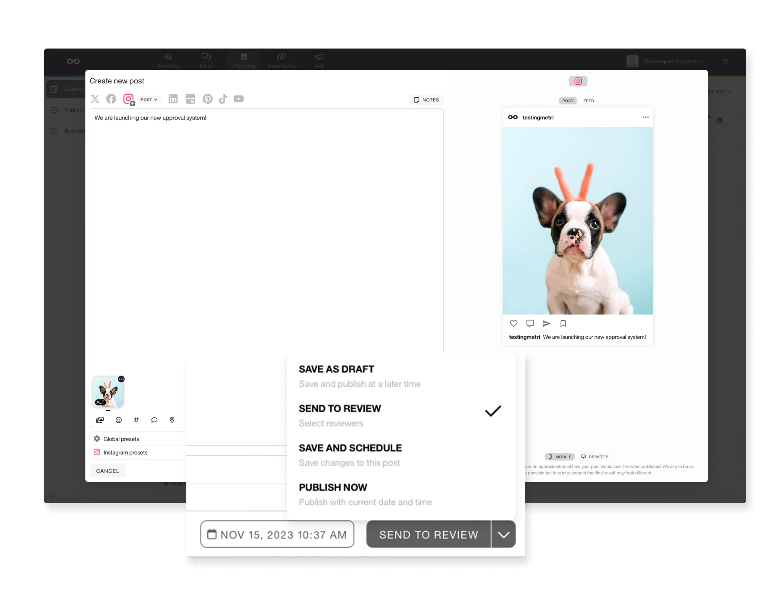 Sending to review content to team members or clients to get their approval in Metricool