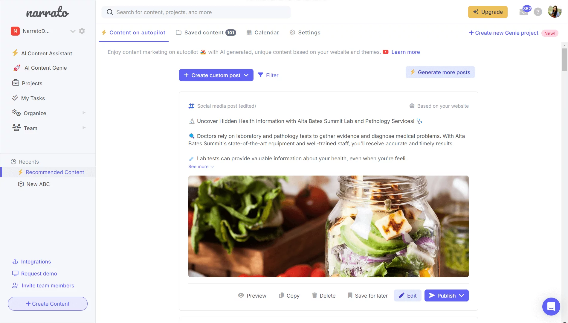 Narrato's AI Content Genie that helps creating custom social media posts