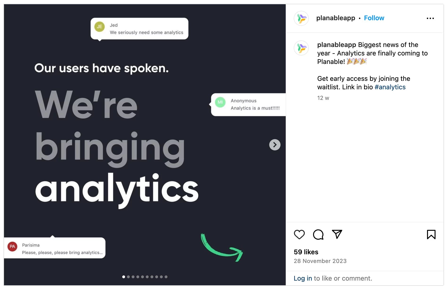 Planable's analytics announcement on instagram post