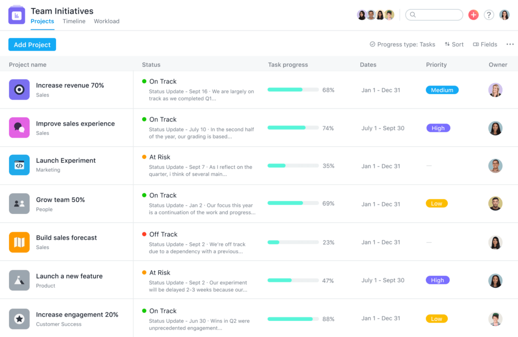 Asana projects interface for task management and team collaboration