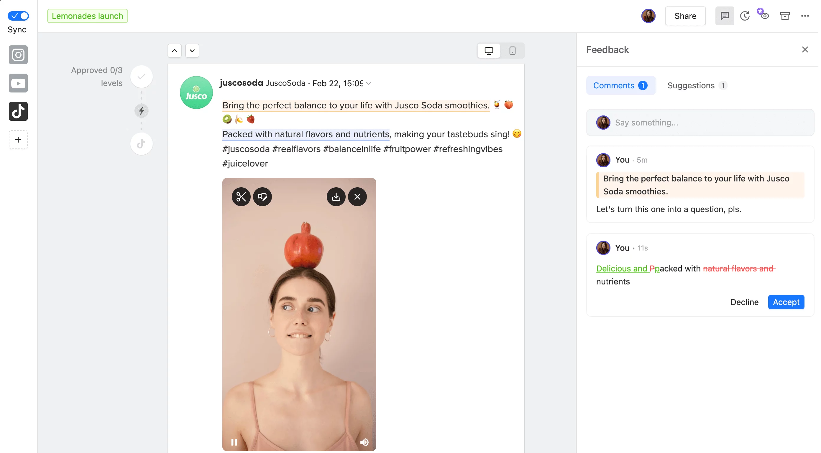 Planable's collaboration feature showcasing feedback upon a tiktok post on its text and visual