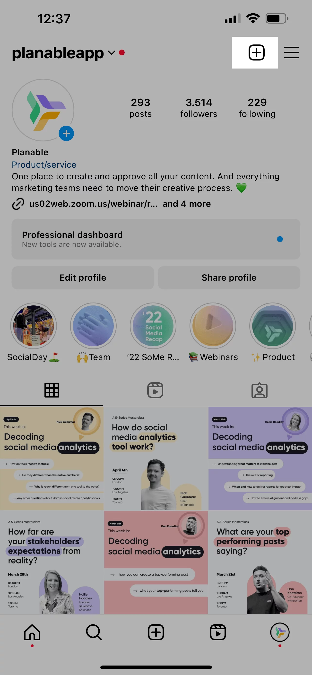 In Planable's Instagram account, you can initiate creating a new post by clicking on the prominently highlighted + icon