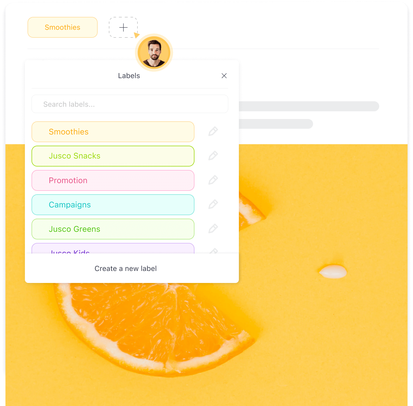 Planable's labels functionality with existing labels and the option to Create a new label