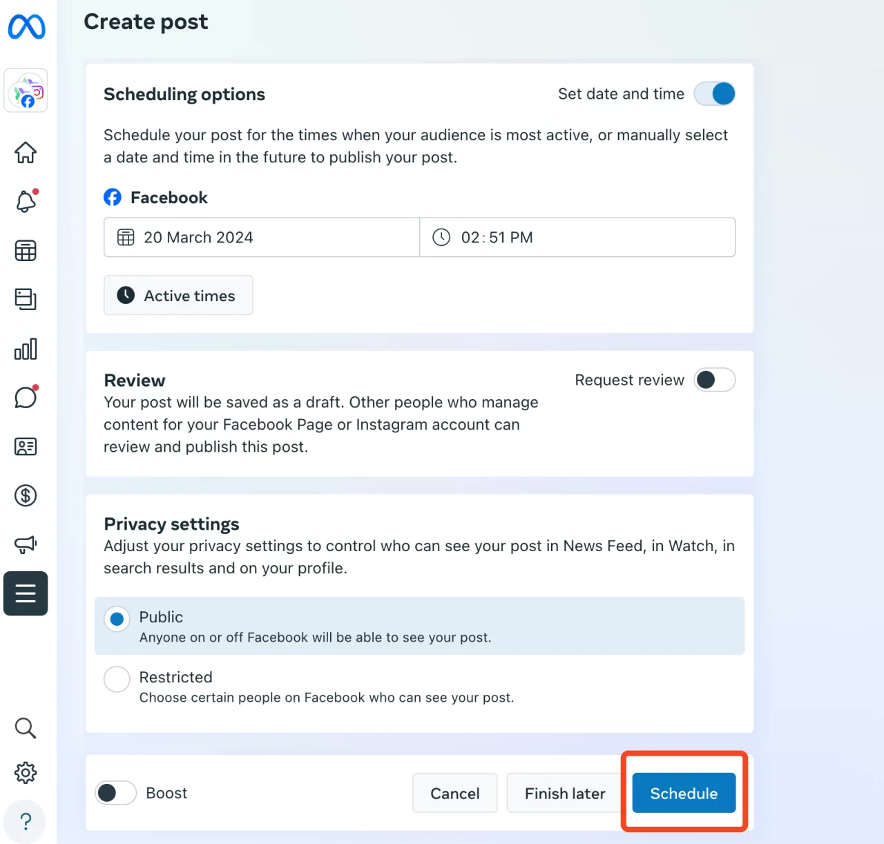 how to schedule posts on facebook on iphone