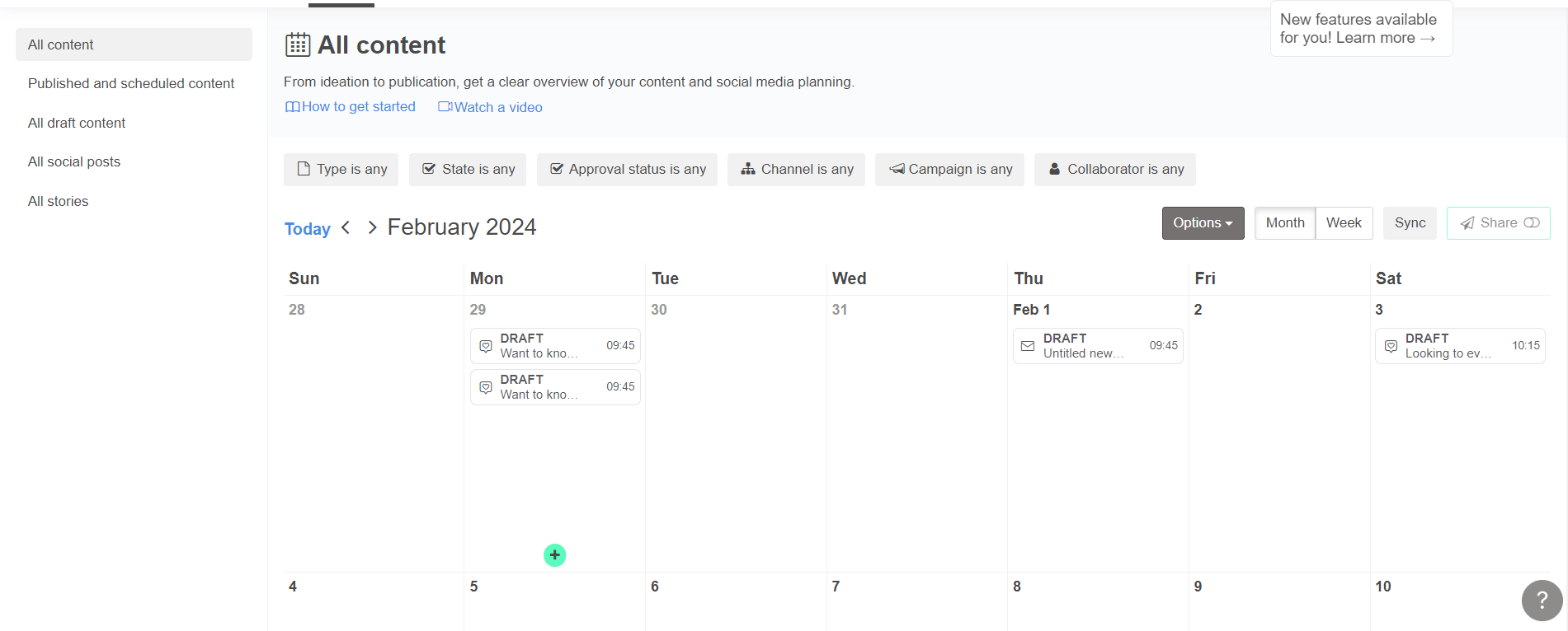 StoryChief's content calendar with All content displayed for February 2024