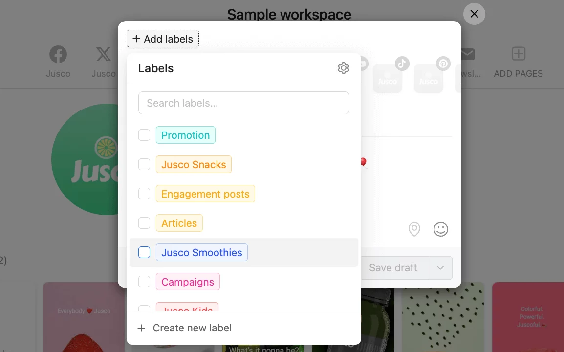 Labels feature in Planable with a toggle option from where you can choose a label or create a new one