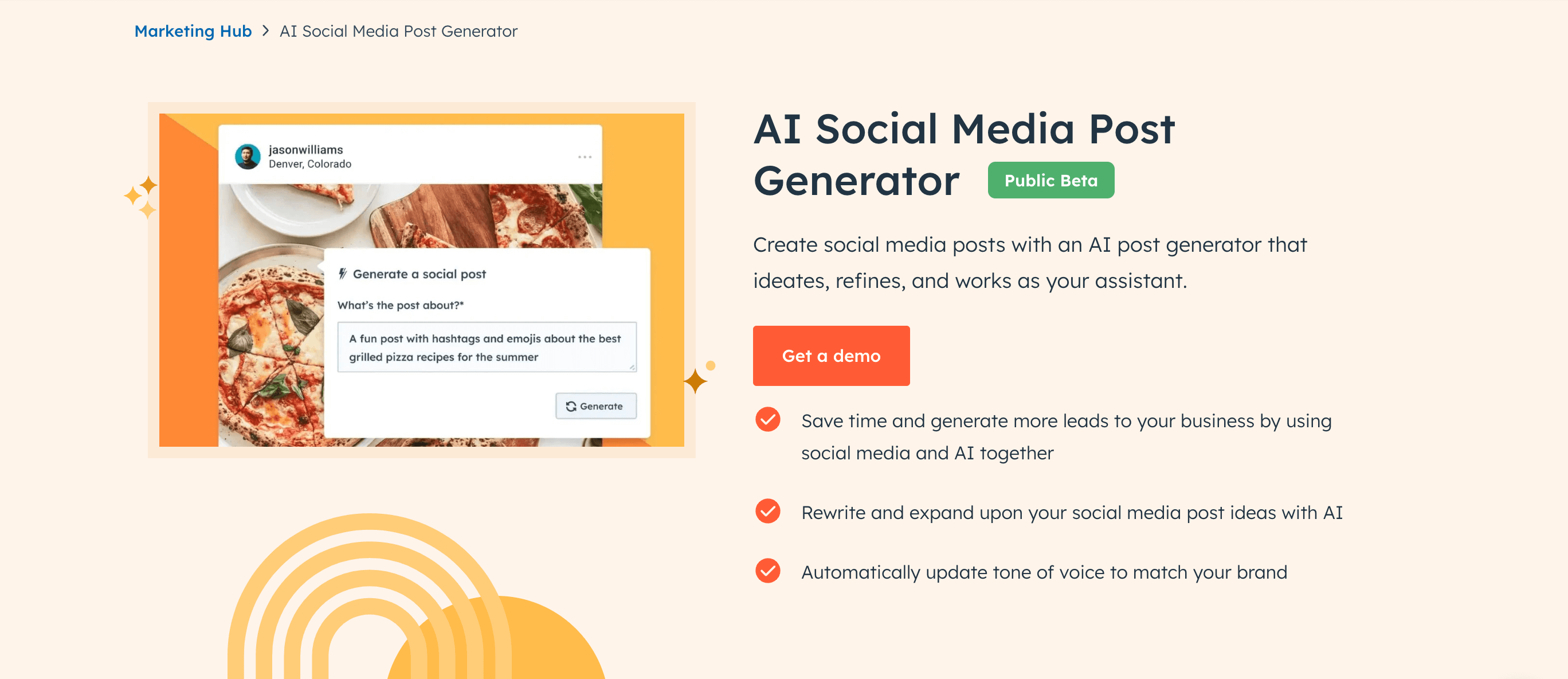 Ai social media post generator landing page from Hubspot