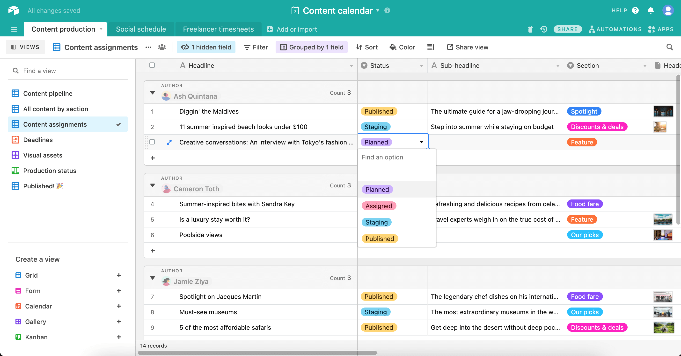 airtable content calendar for organizing and planning content strategy