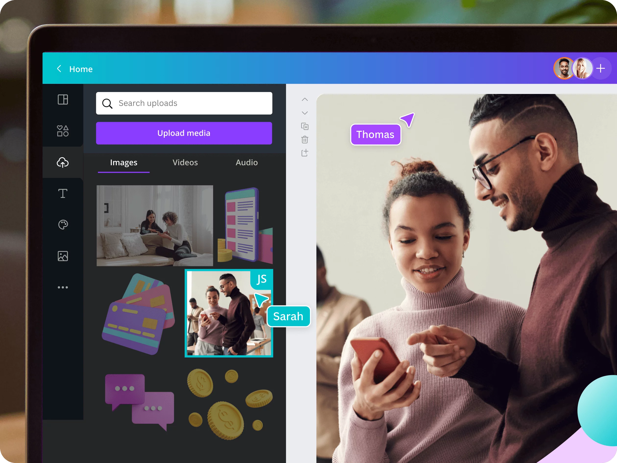 Canva's user-friendly interface for creative design and collaboration, featuring options for uploading media, including images and videos