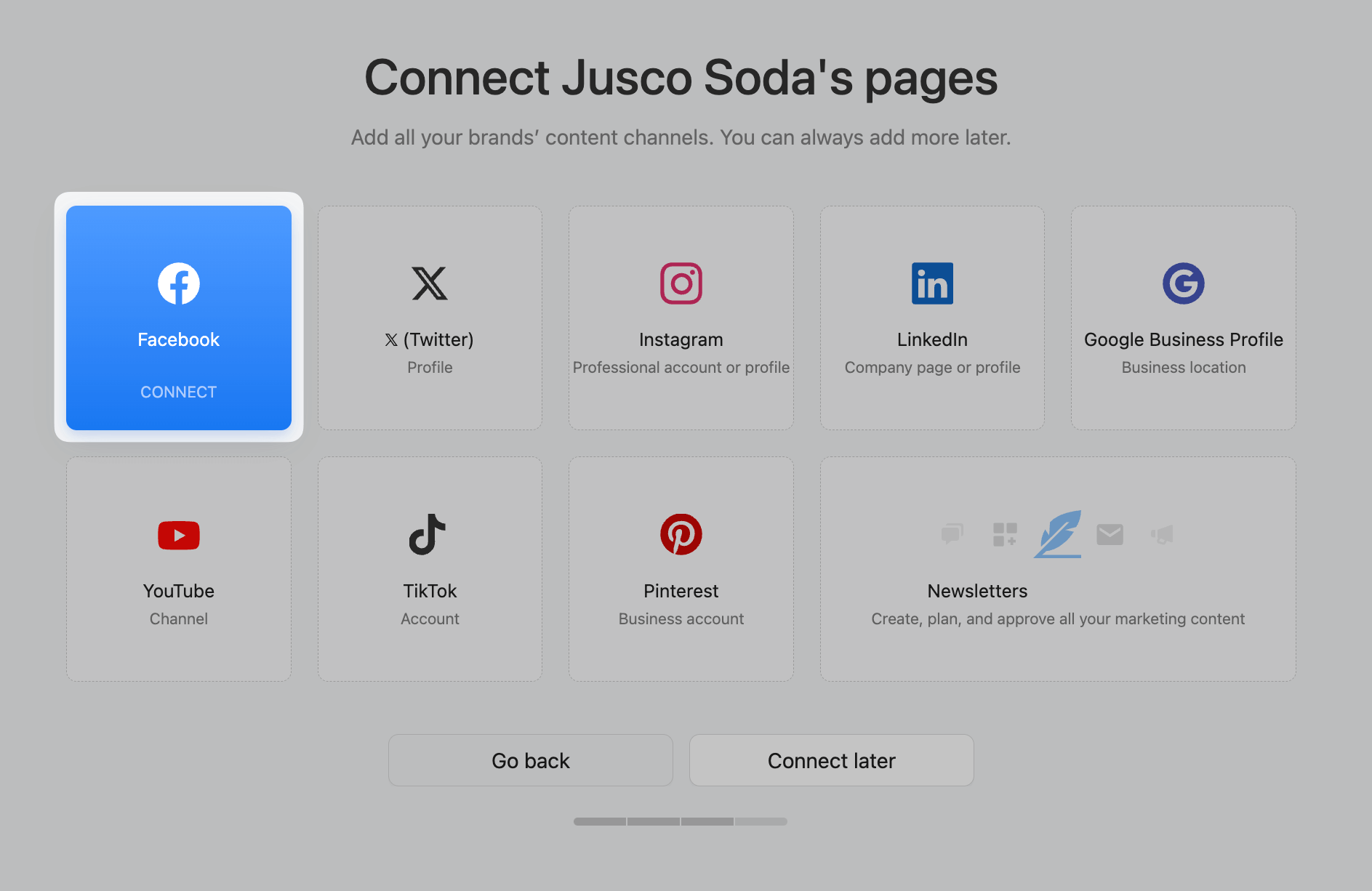 Illustration of the process for connecting a Facebook page within the Planable platform, showing options for linking other social media platforms with clear labels and user-friendly interface.