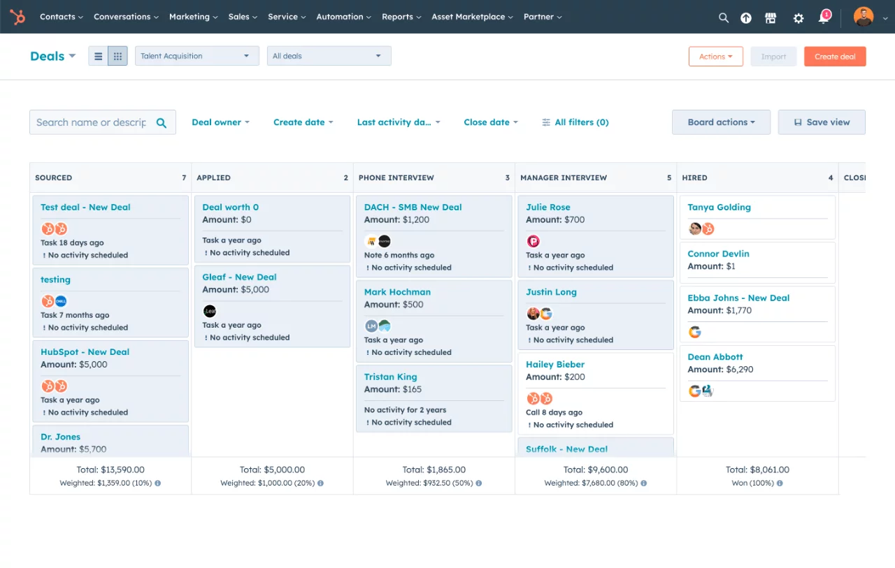 HubSpot's CRM interface displaying the deal pipeline with stages such as "Sourced," "Applied," "Phone Interview," "Manager Interview," and "Hired" including functionalities for filtering, board actions, and saving views, illustrating HubSpot's capabilities in managing sales processes and customer relationships