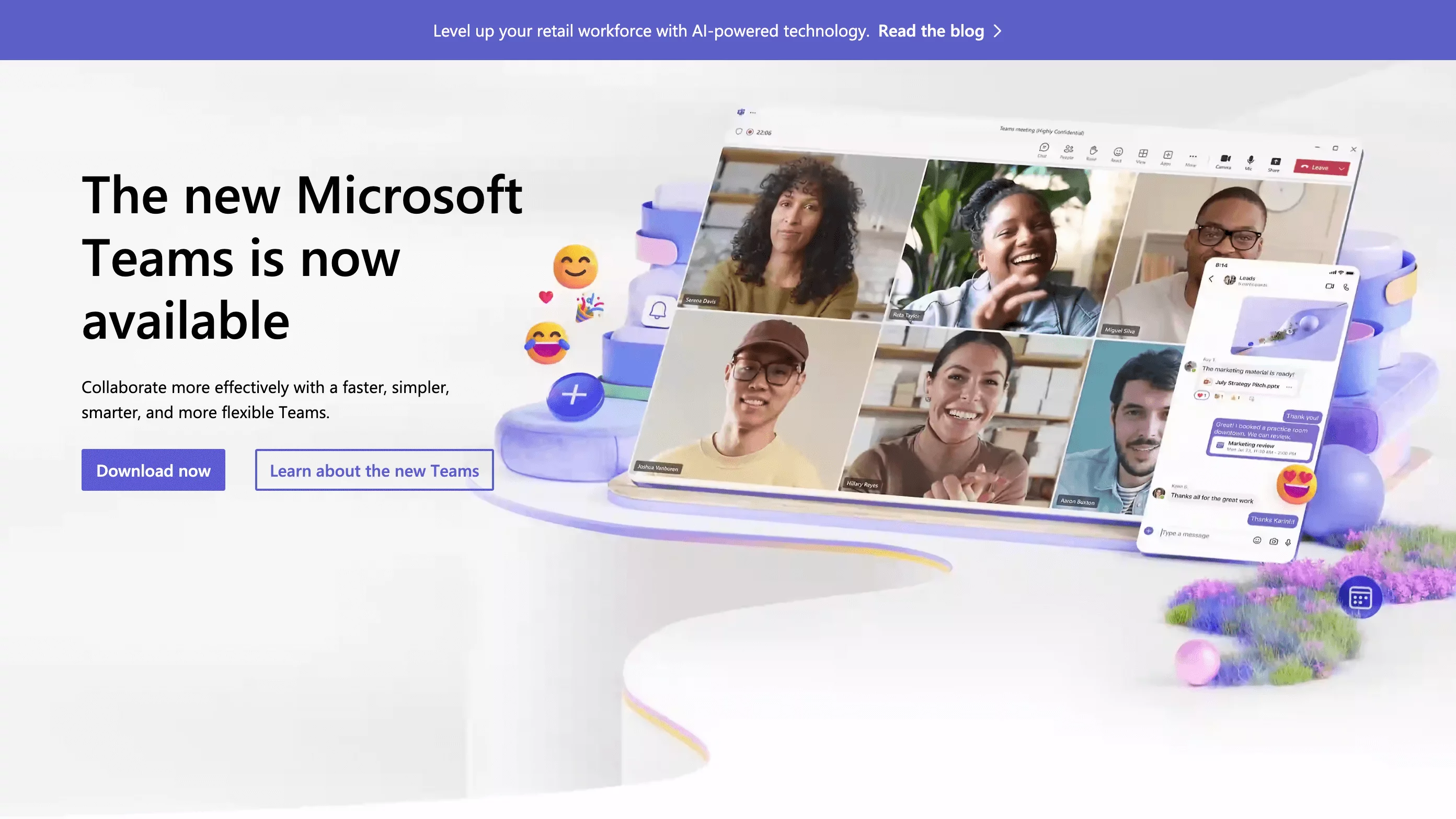 microsoft homepage with tagline Collaborate more effectively with a faster, simpler, smarter, and more flexible Teams