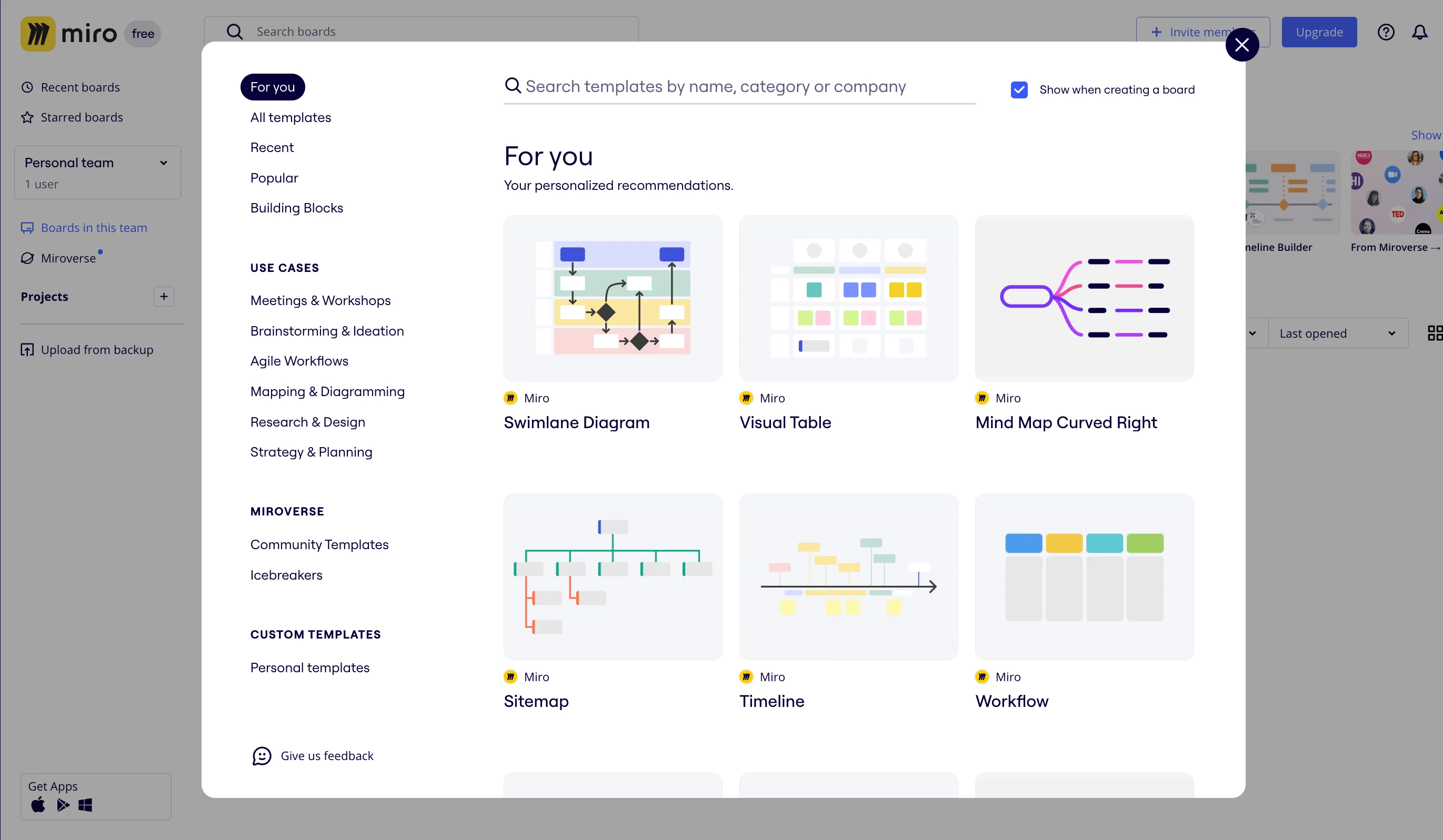 Miro's interface displaying a variety of templates for creative collaboration, including use cases for meetings & workshops, brainstorming & ideation, agile workflows, mapping & diagramming, research & design, and strategy & planning