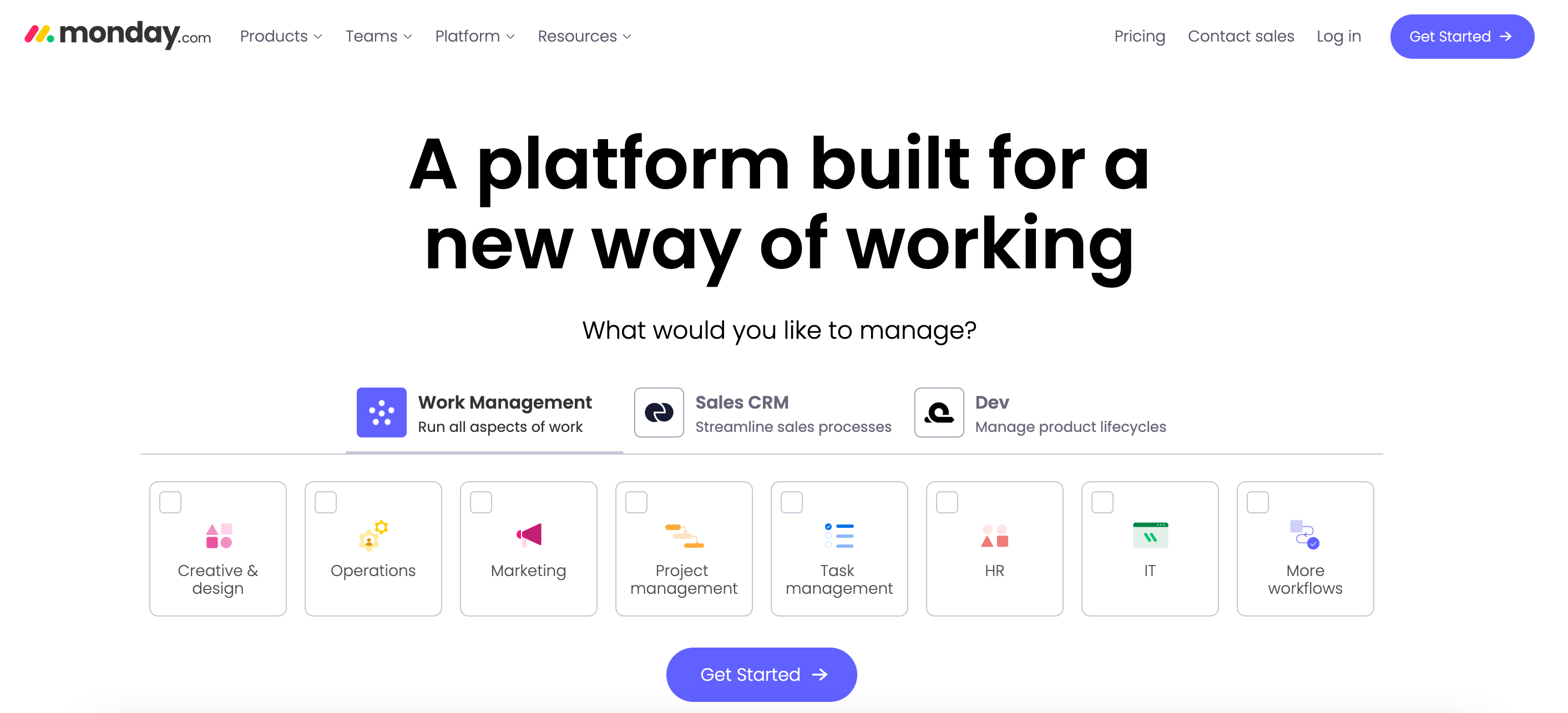 monday.com's homepage with the headline "a new platform built for a new way of working"