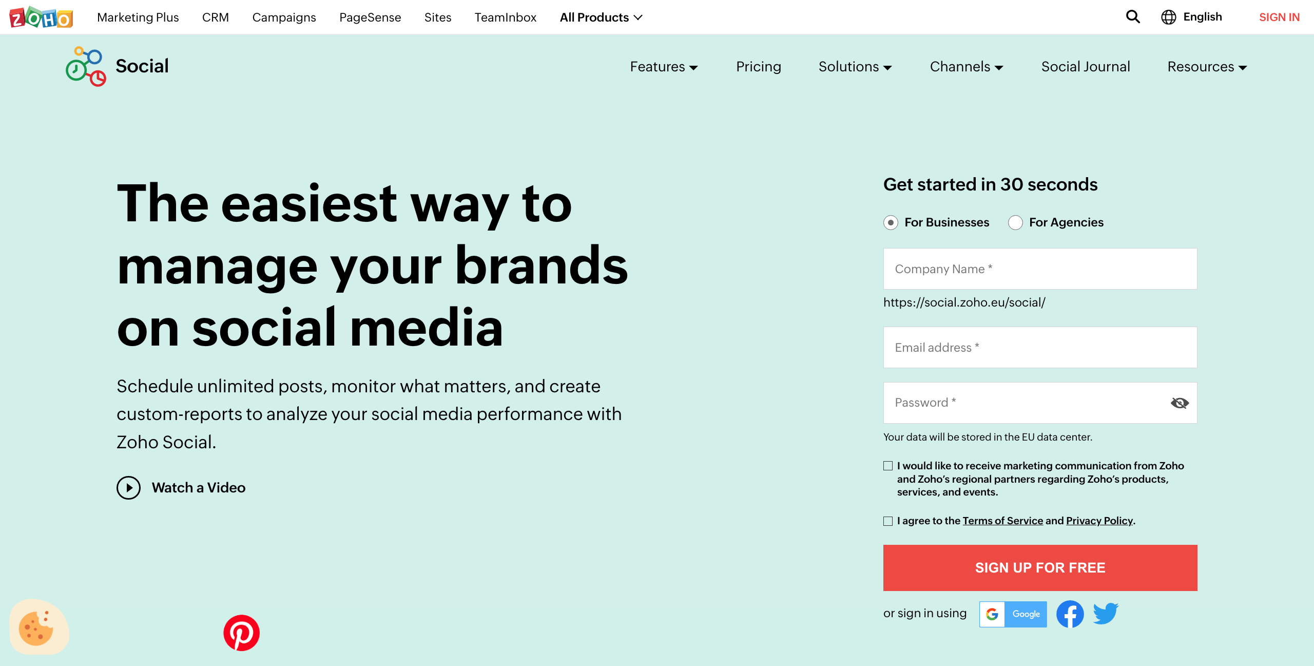 Page d’accueil de Zoho Social, outil de gestion des marques sur les réseaux sociaux destiné aux agences et aux entreprises de petite taille