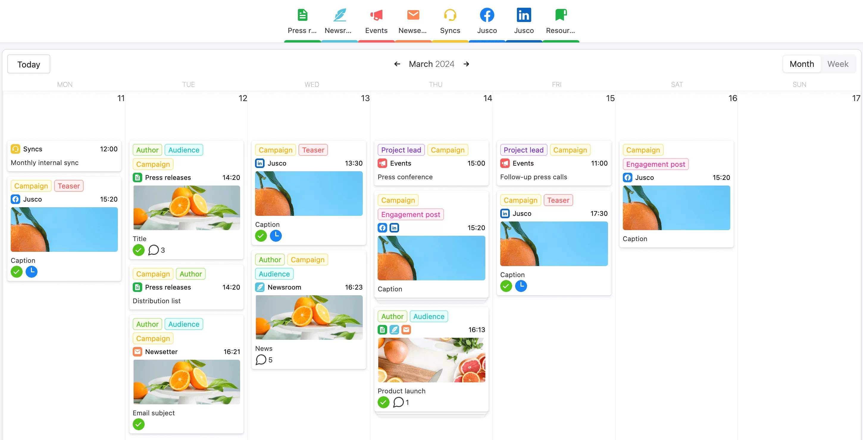 multiple types of PR content scheduled in the planable calendar by day and hour