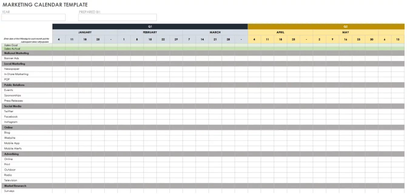 marketing calendar template example in google sheets broken down by quarters and months 