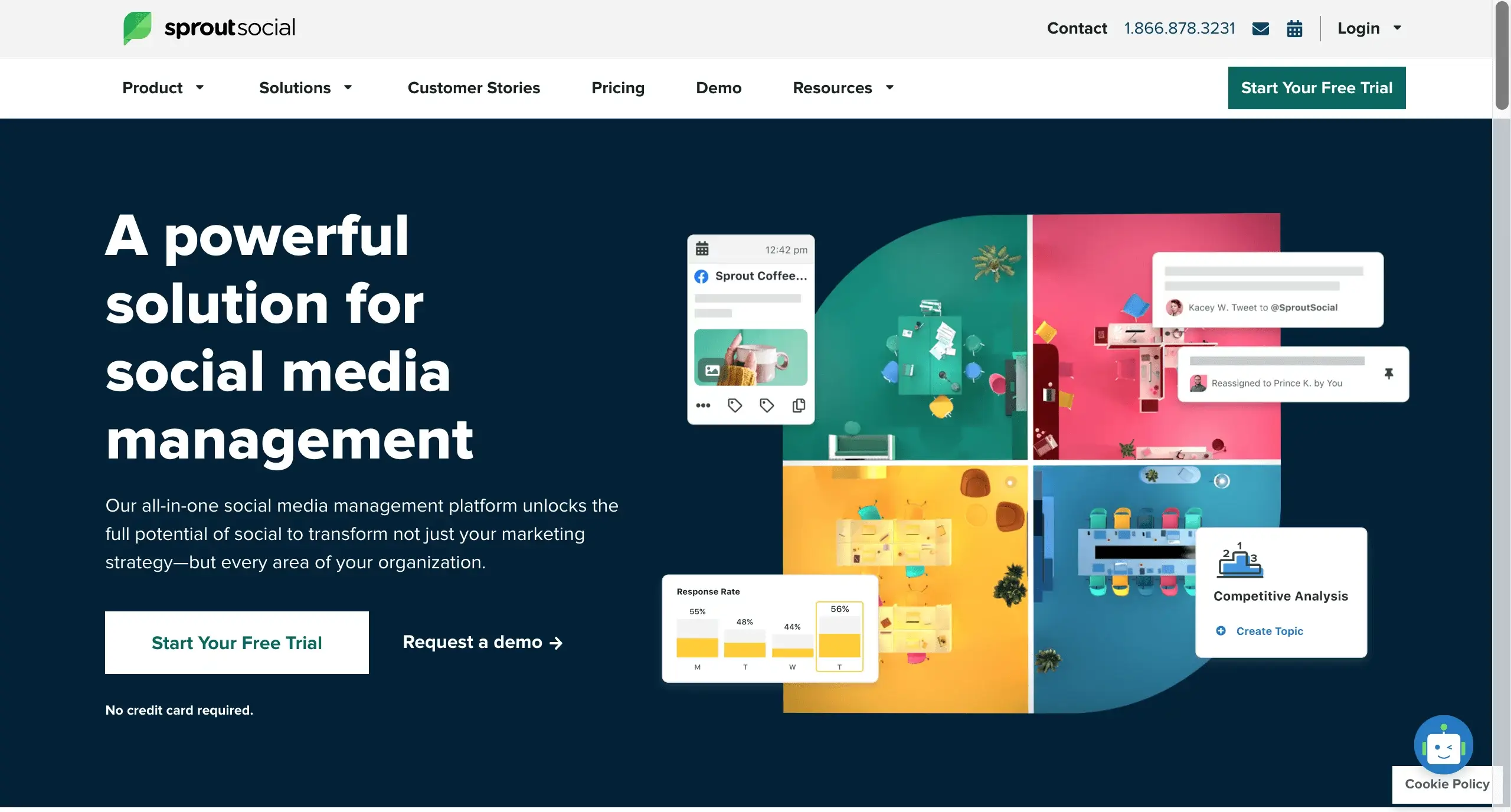 Page d’accueil de Sprout Social, un logiciel permettant un meilleur contrôle des publications sur les réseaux sociaux grâce à des outils complets et adaptés aux besoins des grandes agences