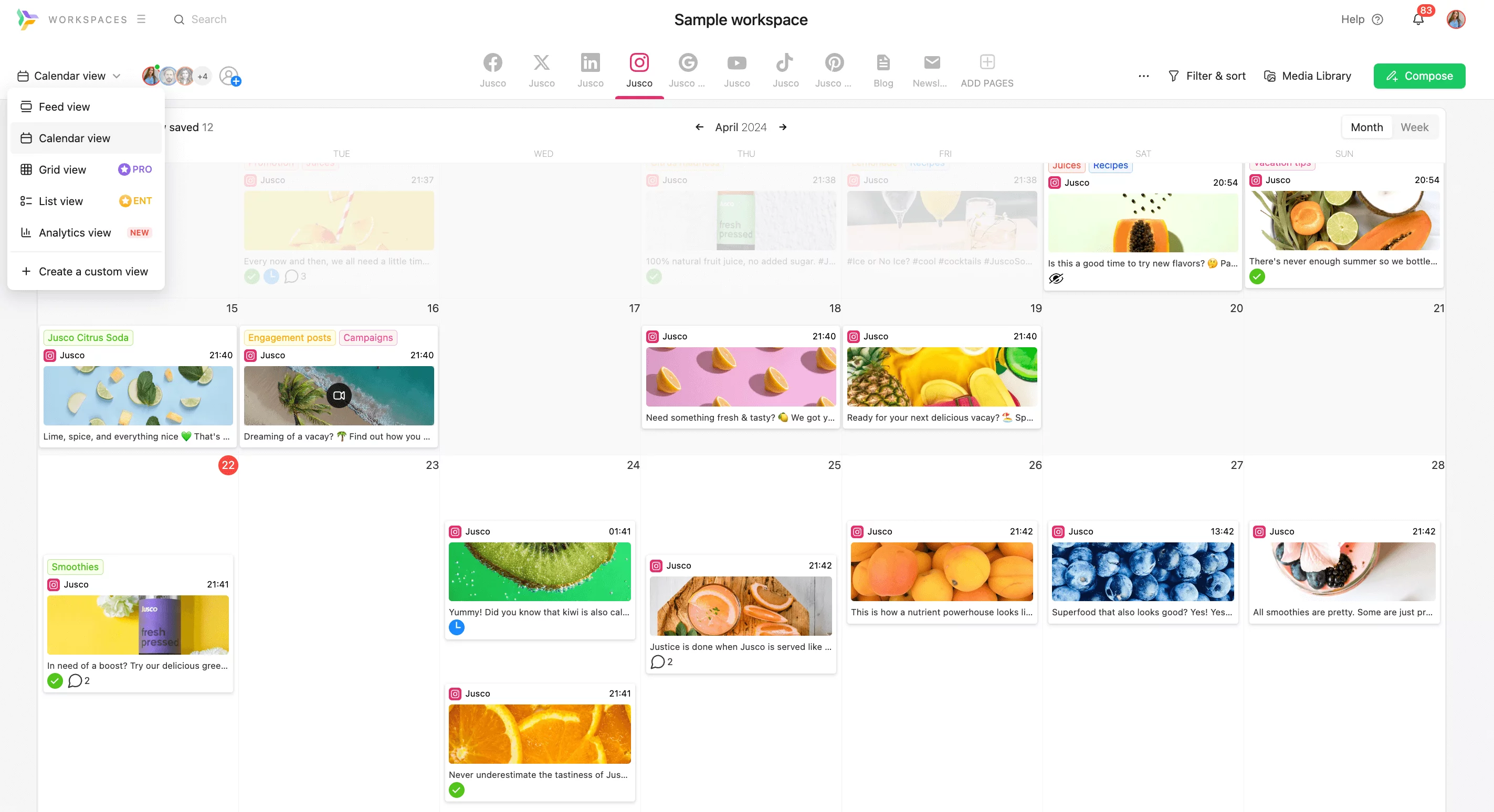 Planable's Calendar View showcasing published and scheduled instagram posts with labels