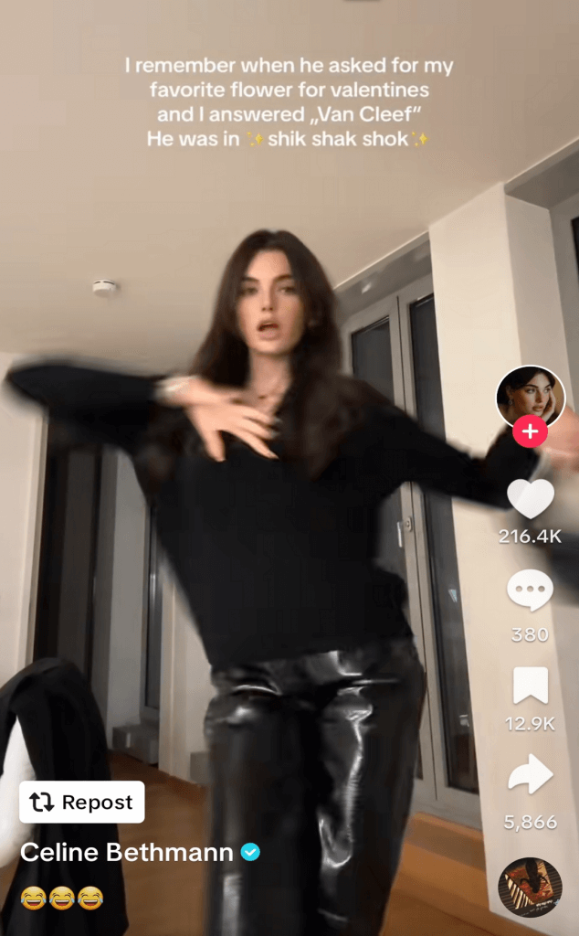 TikTok post of a woman in black attire dancing with humorous text about Valentine's Day.