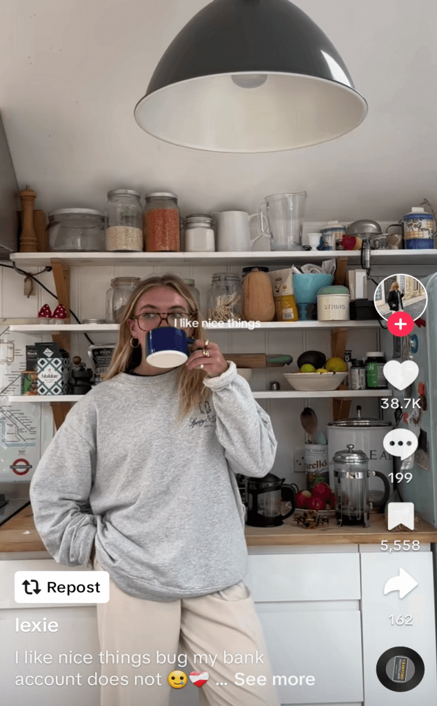 TikTok post of a woman sipping coffee in a kitchen with the caption 'I like nice things'.