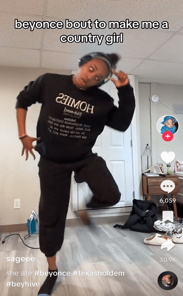 TikTok post of a woman in casual wear dancing in a room with the caption 'Beyoncé bout to make me a country girl'.
