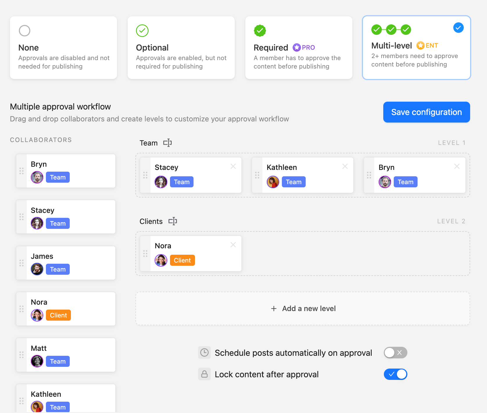 Visualization of multi-layer approval workflows in Planable, indicating content review stages