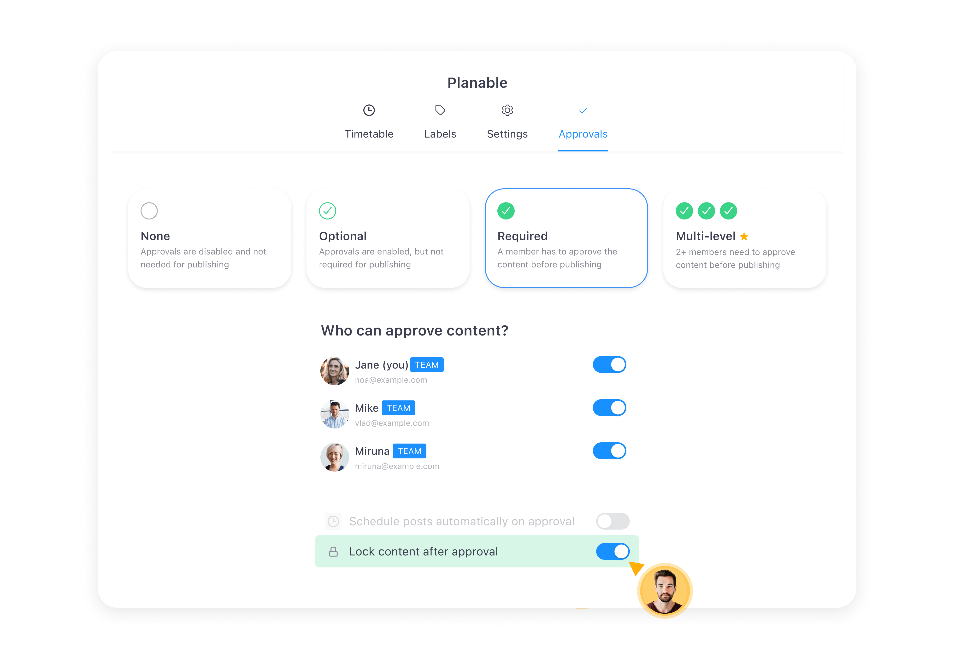 Multi-level approval workflow settings in Planable with highlight on 'Required permission' and 'Lock content after approva'l option.