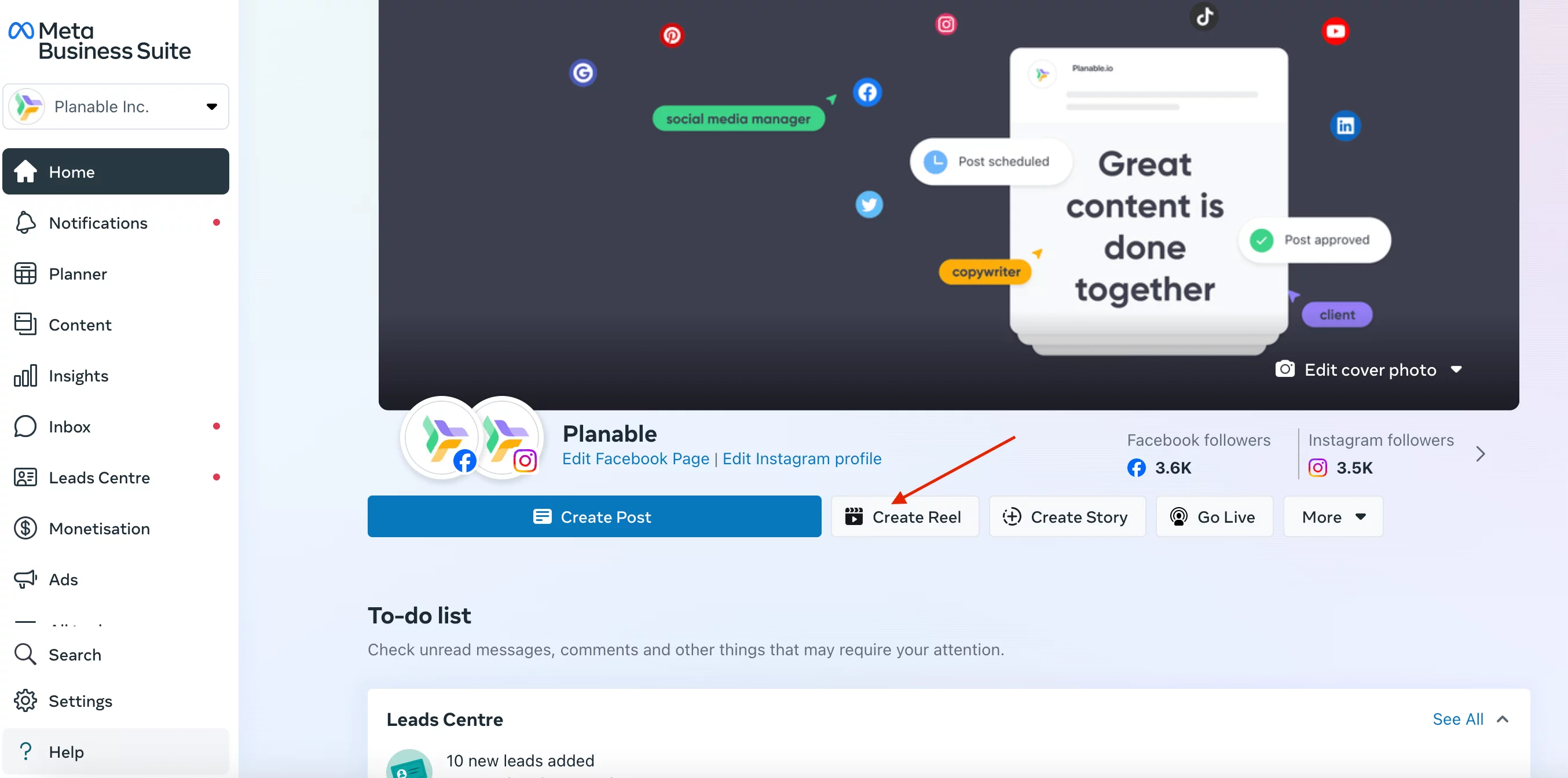 Planable's Meta Business Suite homepage with the option to Create Reel