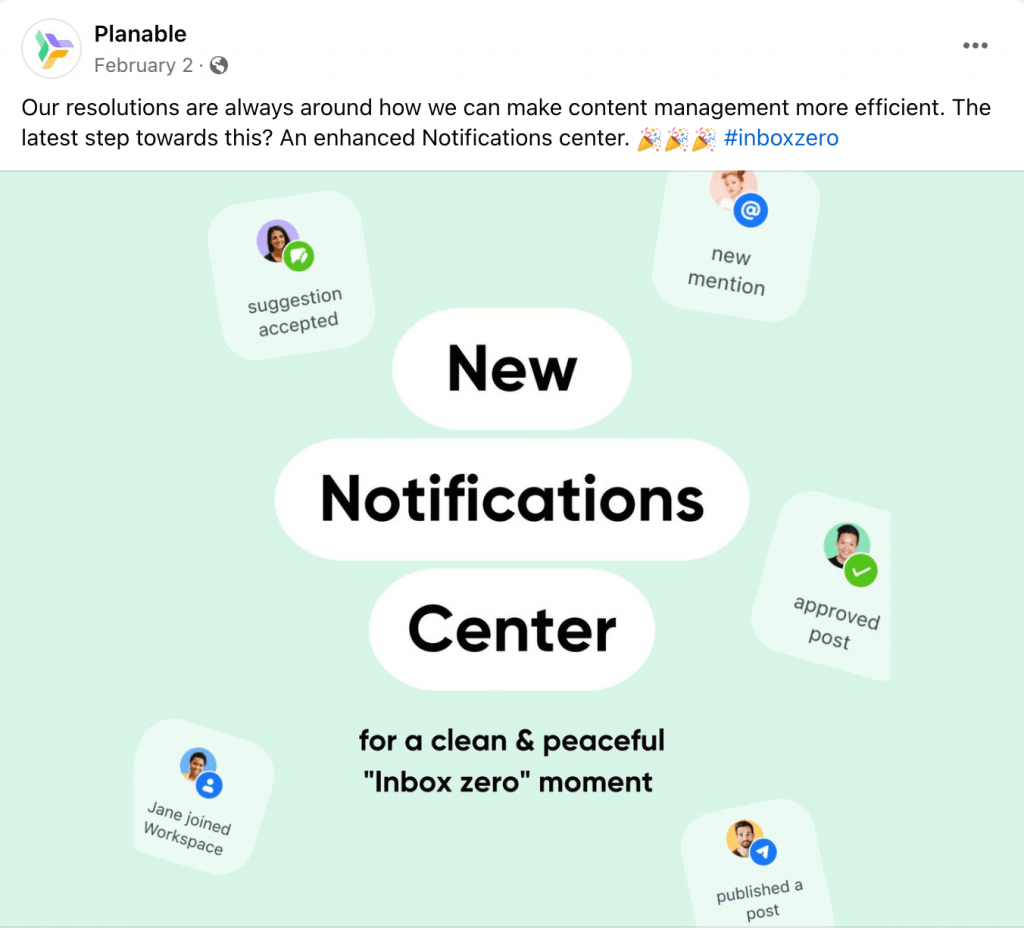 Planable's Facebook post announcement for a new Notifications Center aimed at efficient content management with #inboxzero hashtag.