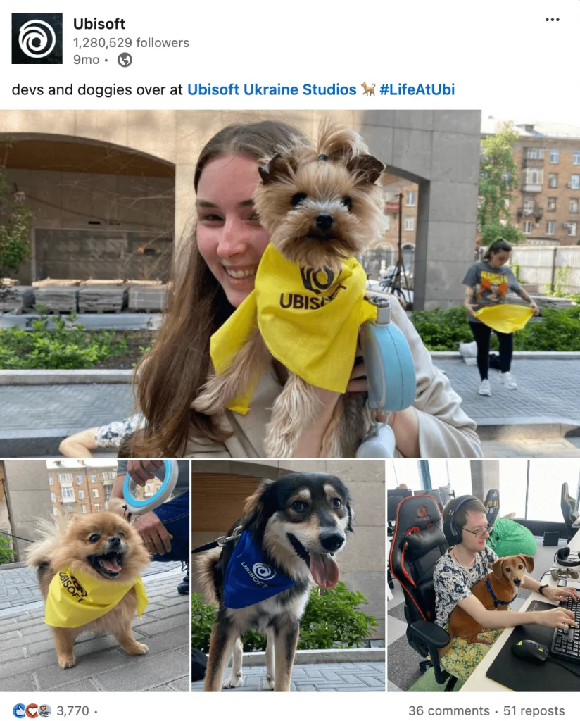 Ubisoft's IG post showing employees with dogs wearing branded bandanas at Ubisoft Ukraine Studios.