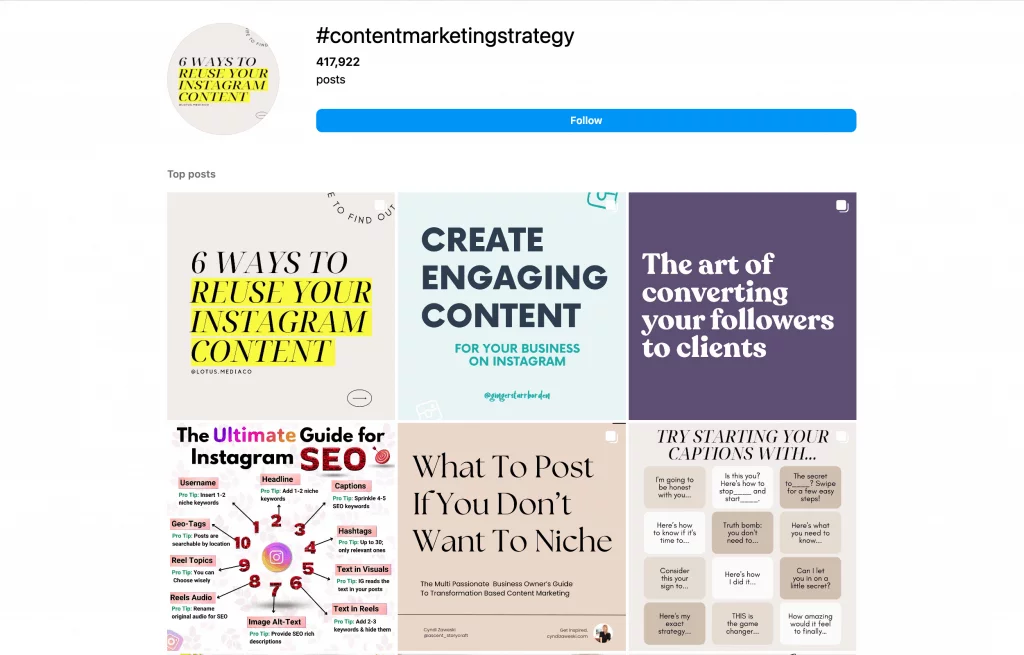 Top posts on Instagram when searching for #contentmarketingstrategy. The posts are Instagram marketing tips on SEO, content creation, and audience engagement 