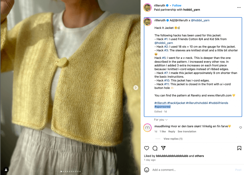Rillieruth's IG post in a paid partnership with hobbii_yarn sharing hacks of how to use a yellow jacket and using hashtags like: #rillerruth #hackitjacket #sponsored and two more