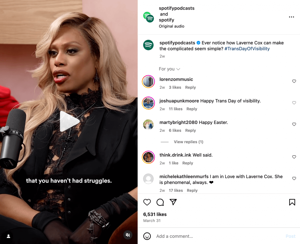 Laverne Cox in an interview, captioned about making complex issues seem simple for #TransDayOfVisibility.