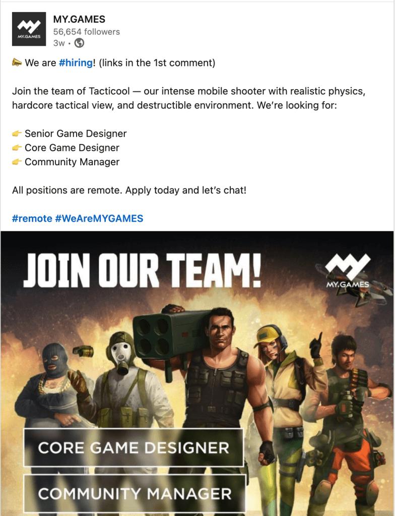 MY.GAMES job advertisement on LinkedIn for 'Tacticool' mobile game, seeking designers and a community manager.
