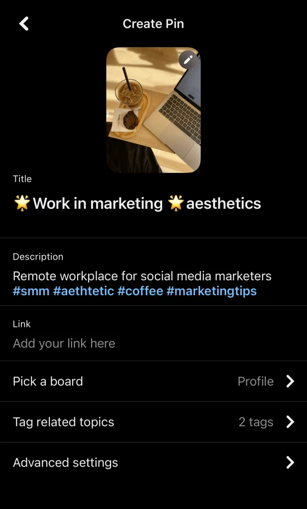 Pinterest post of a laptop and iced coffee on a wooden tray, captioned "Work in marketing aesthetics".