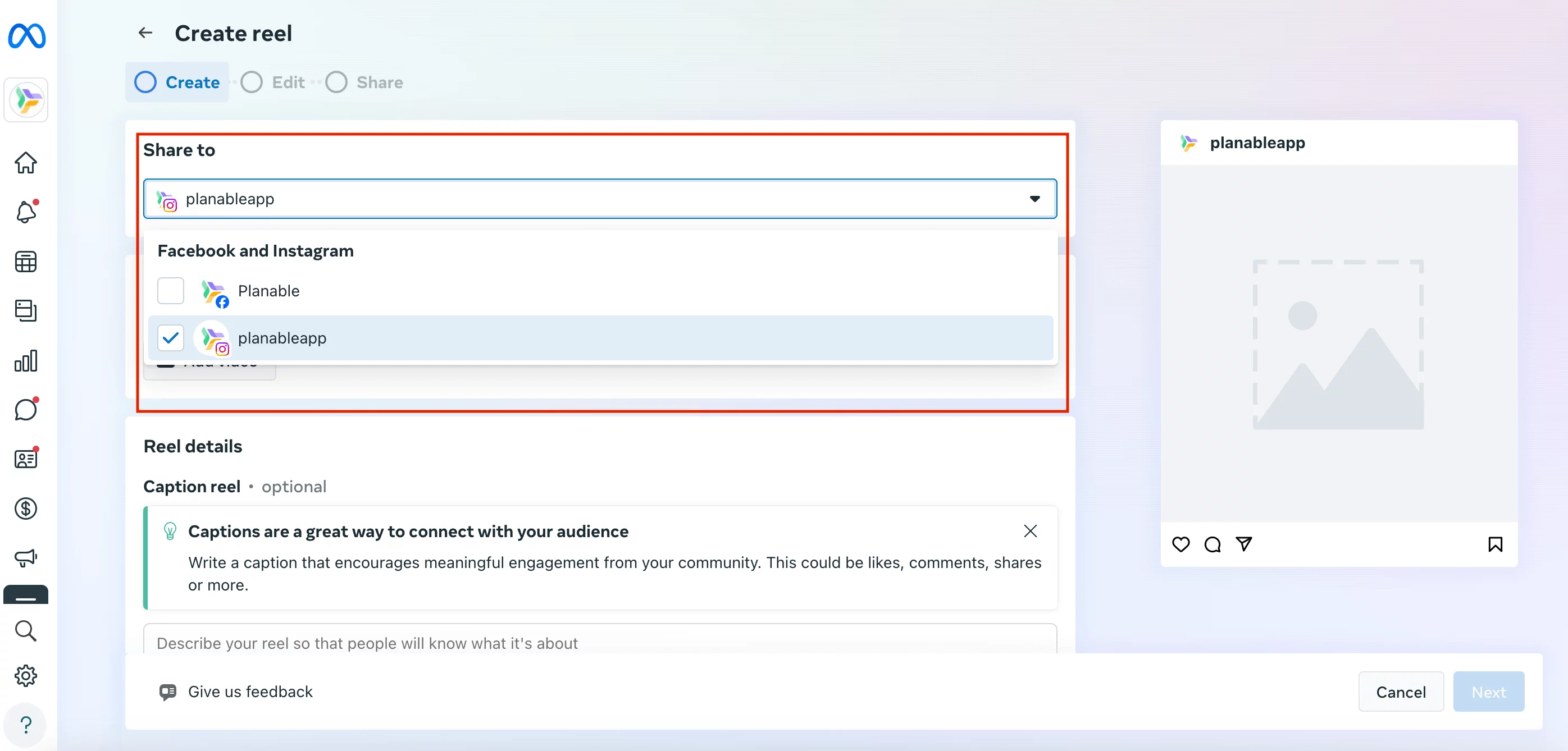 Selecting the page to share the reel: Instagram and/or Facebook