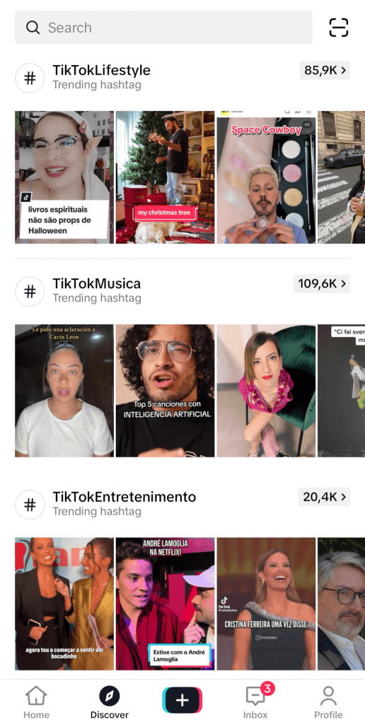 Screenshots of TikTok videos under trending hashtags for lifestyle, music, and entertainment categories.