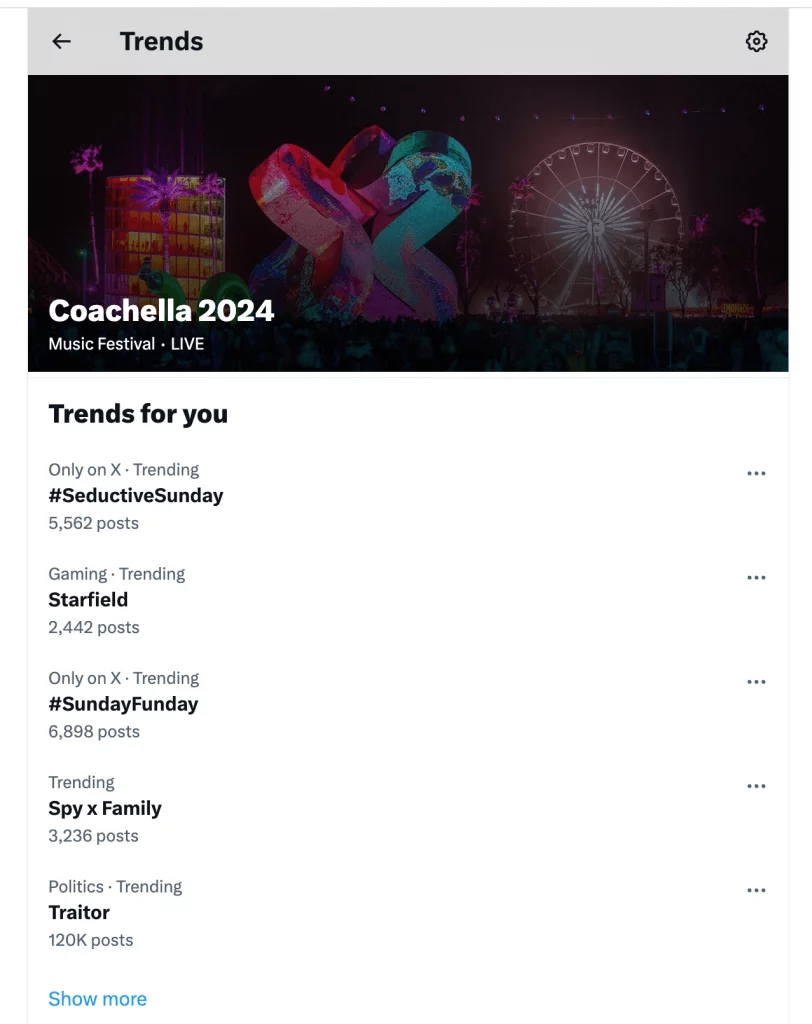 Coachella 2024 live music festival highlighted in Twitter trending hashtags.