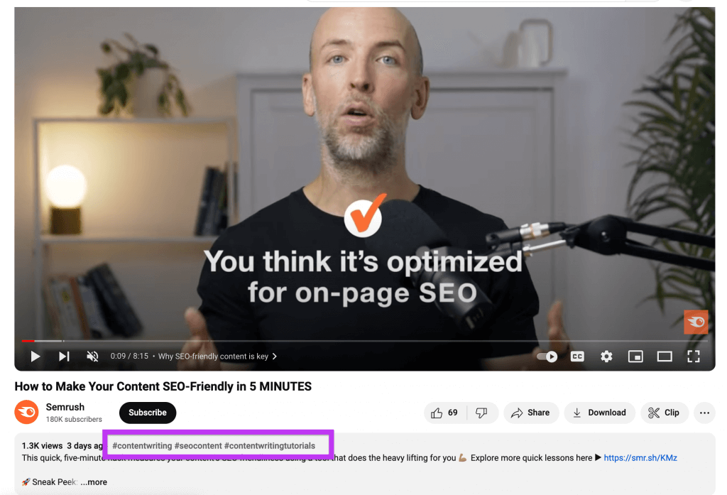 Screenshot of a Semrush tutorial video on optimizing content for on-page SEO presented by Brian Dean.
