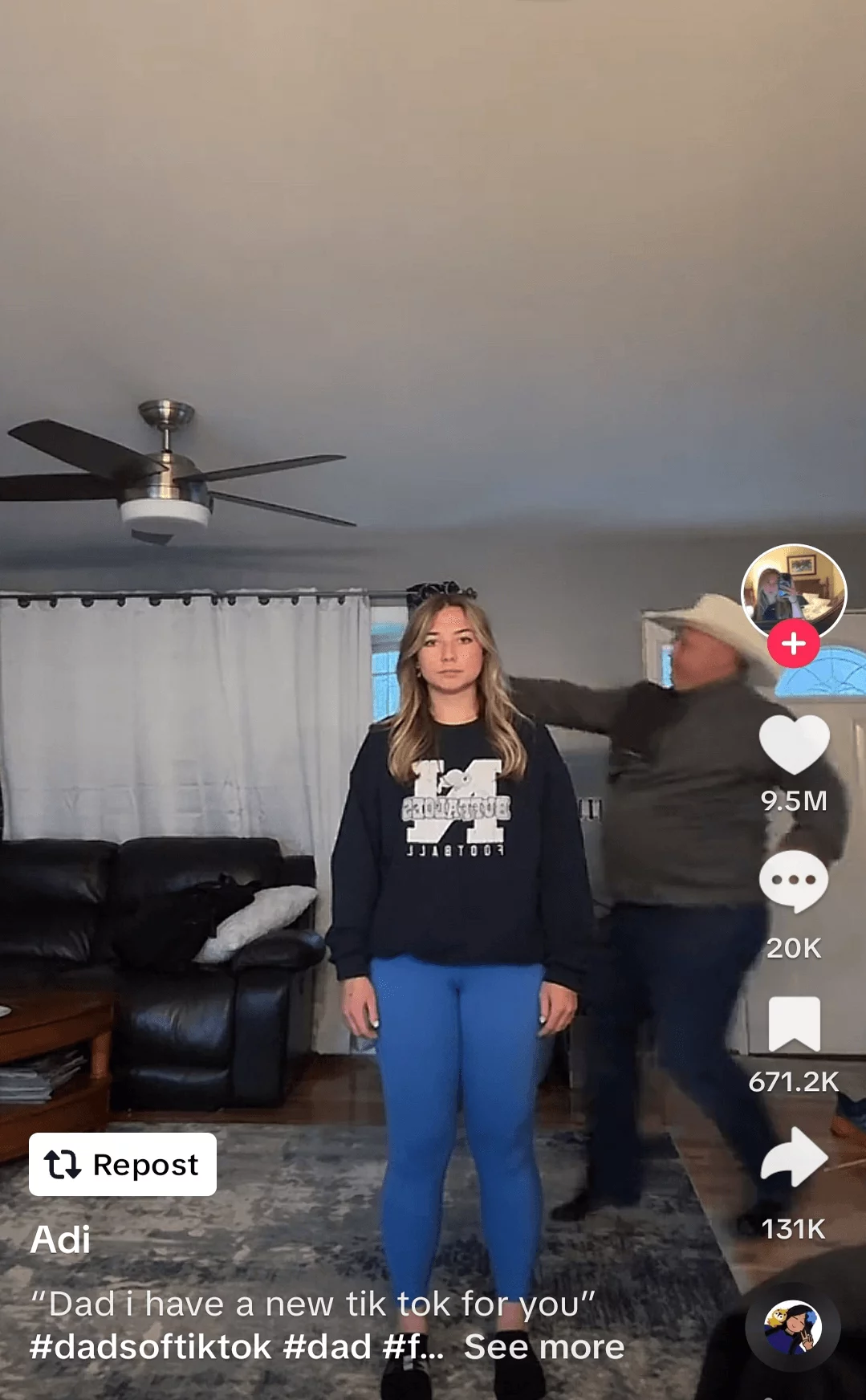 Young woman in casual attire standing in living room, with an older man playfully adjusting her headband, captured in a TikTok video.