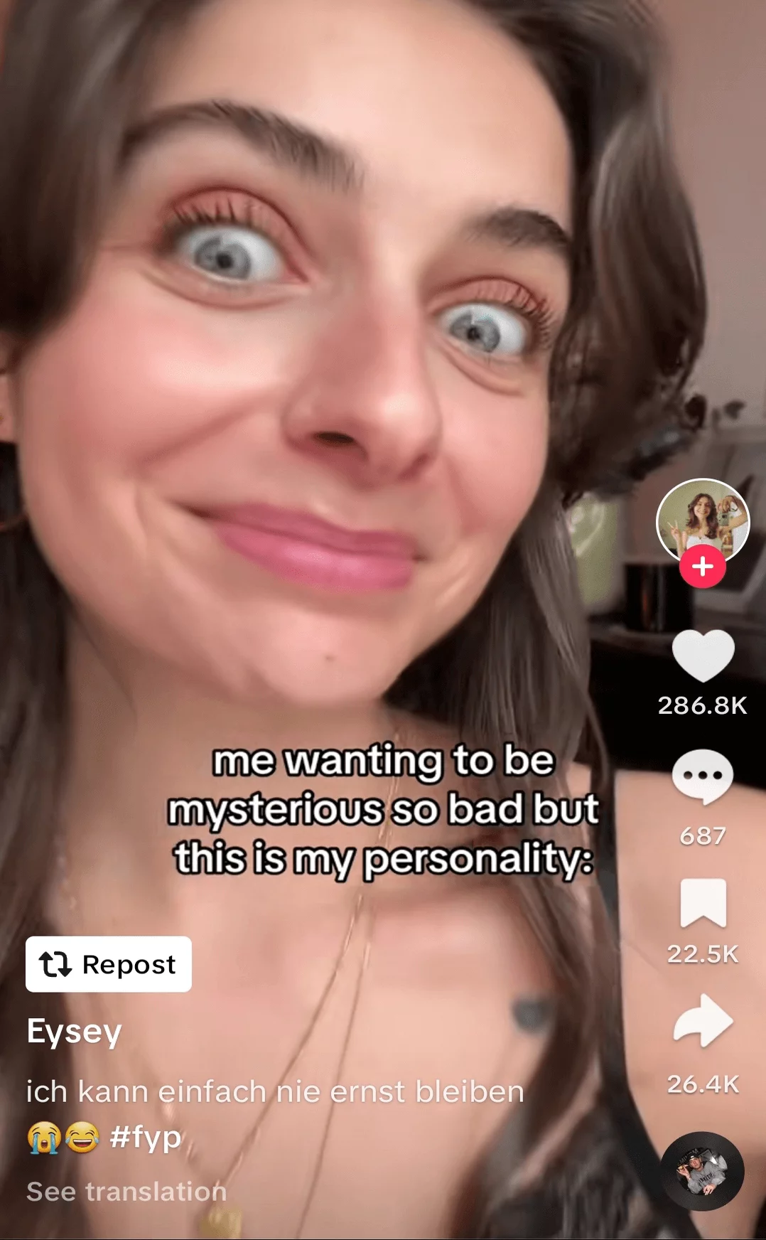 Woman making a humorous face close-up, conveying her quirky personality on TikTok.