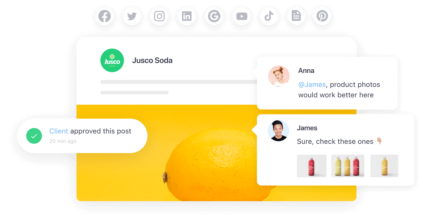Social media post approval interface for Jusco Soda, showing a conversation between team members about using product photos and a client approval notification.