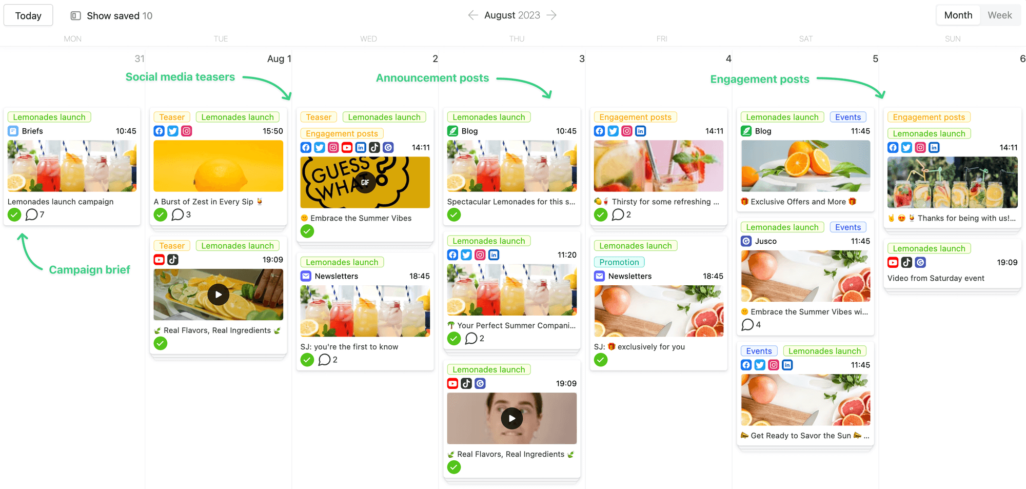 Social media content calendar in Planable for a lemonade launch campaign, featuring posts and teasers on various platforms.
