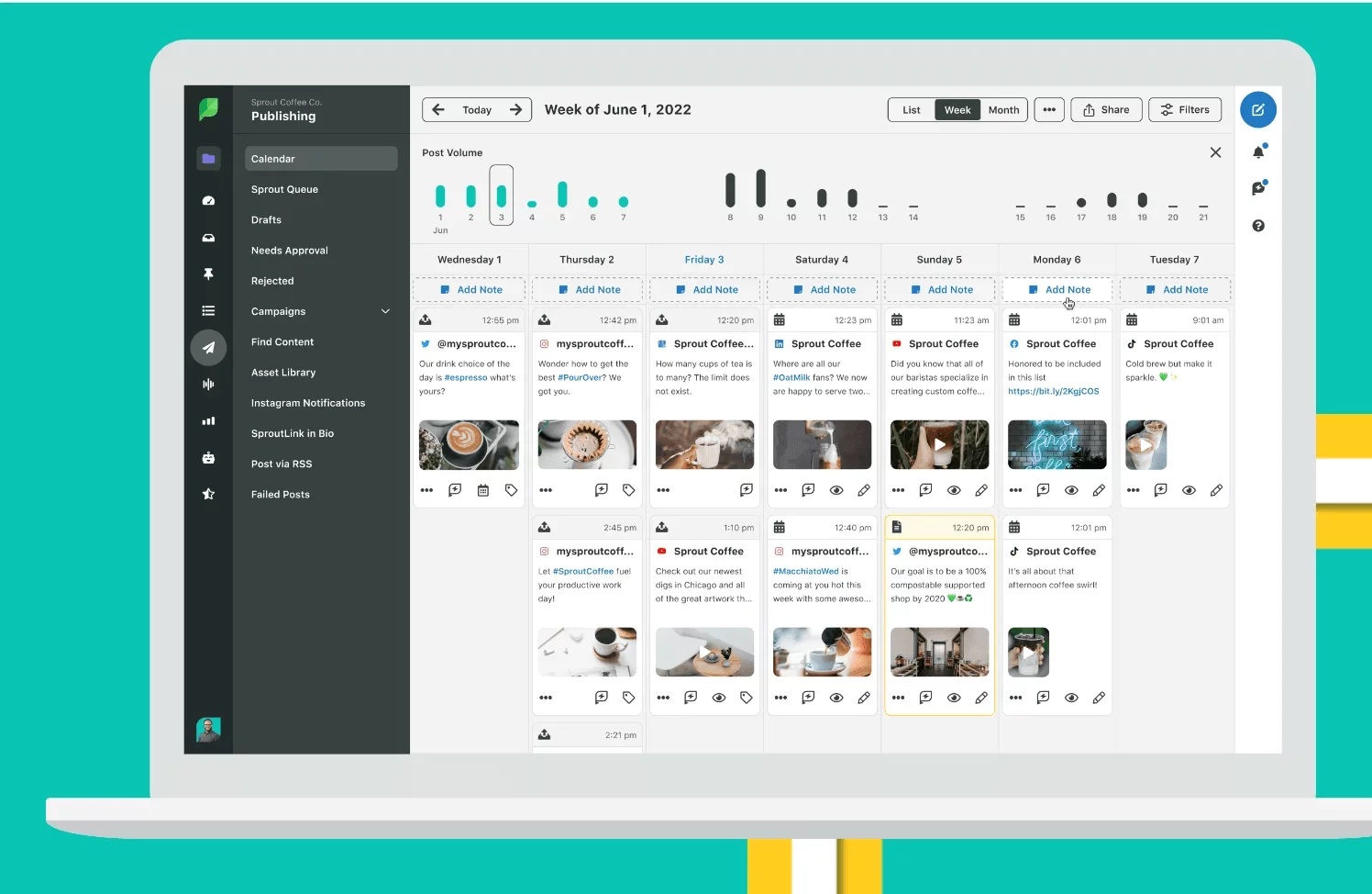 Haupt-Dashboard des Social-Media-Tools Sprout Social aus der Sicht der Nutzenden