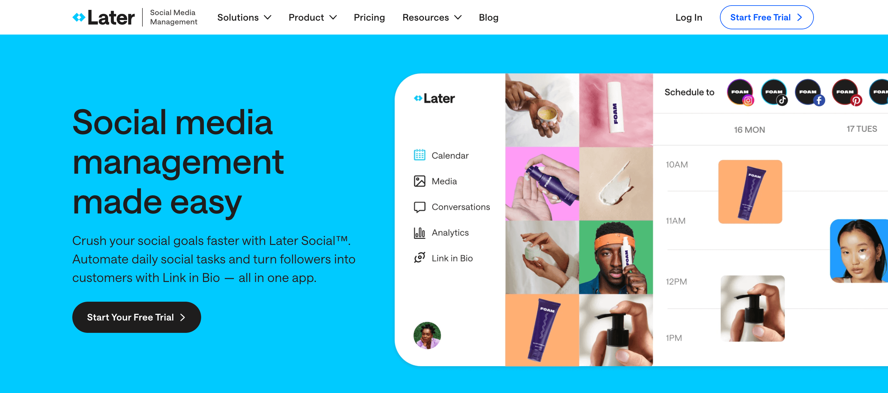 Later's homepage with a call to action: "Social media management made easy"