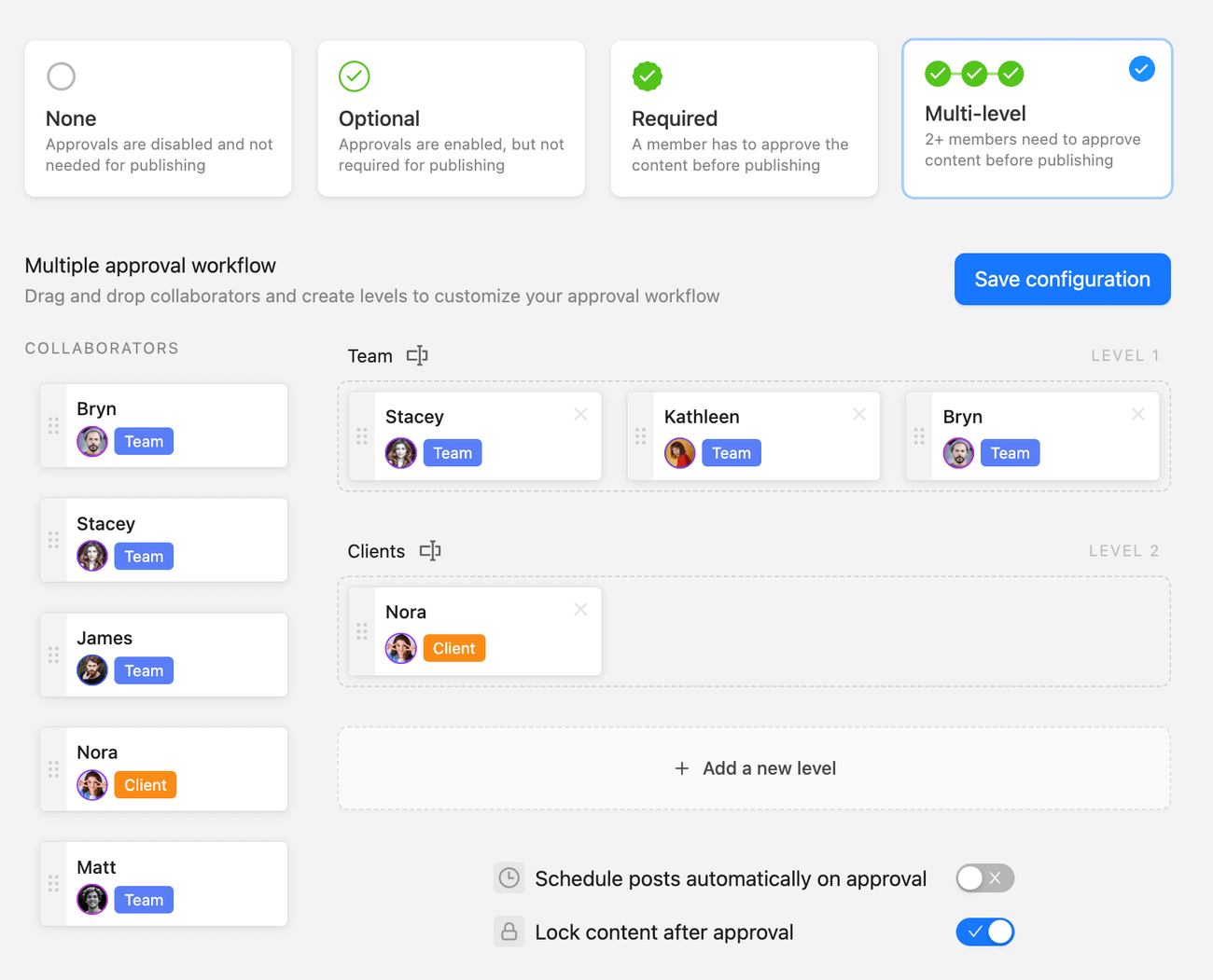 Content approval settings in Planable for a multi-level workflow, showing team and client collaborators, approval options, and scheduling and locking content features.