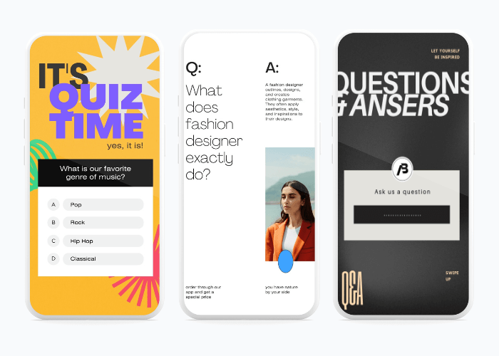 Instagram Story templates displaying lively music quiz, explanation of a fashion designer's role, and an interactive Q&A session prompt.